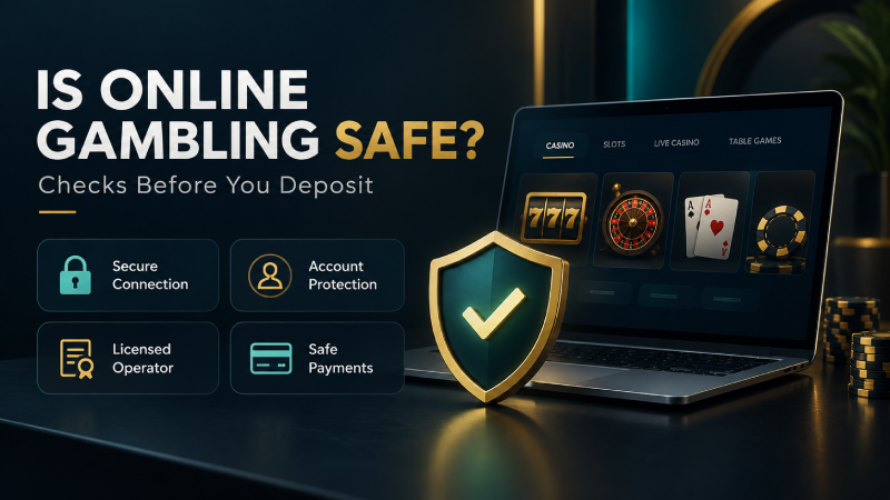 Online gambling safety graphic showing secure connection, account protection, licensed operator and safe payments