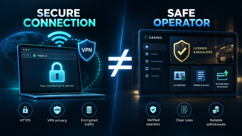 Comparison showing that a secure HTTPS and VPN connection does not automatically mean a casino operator is safe
