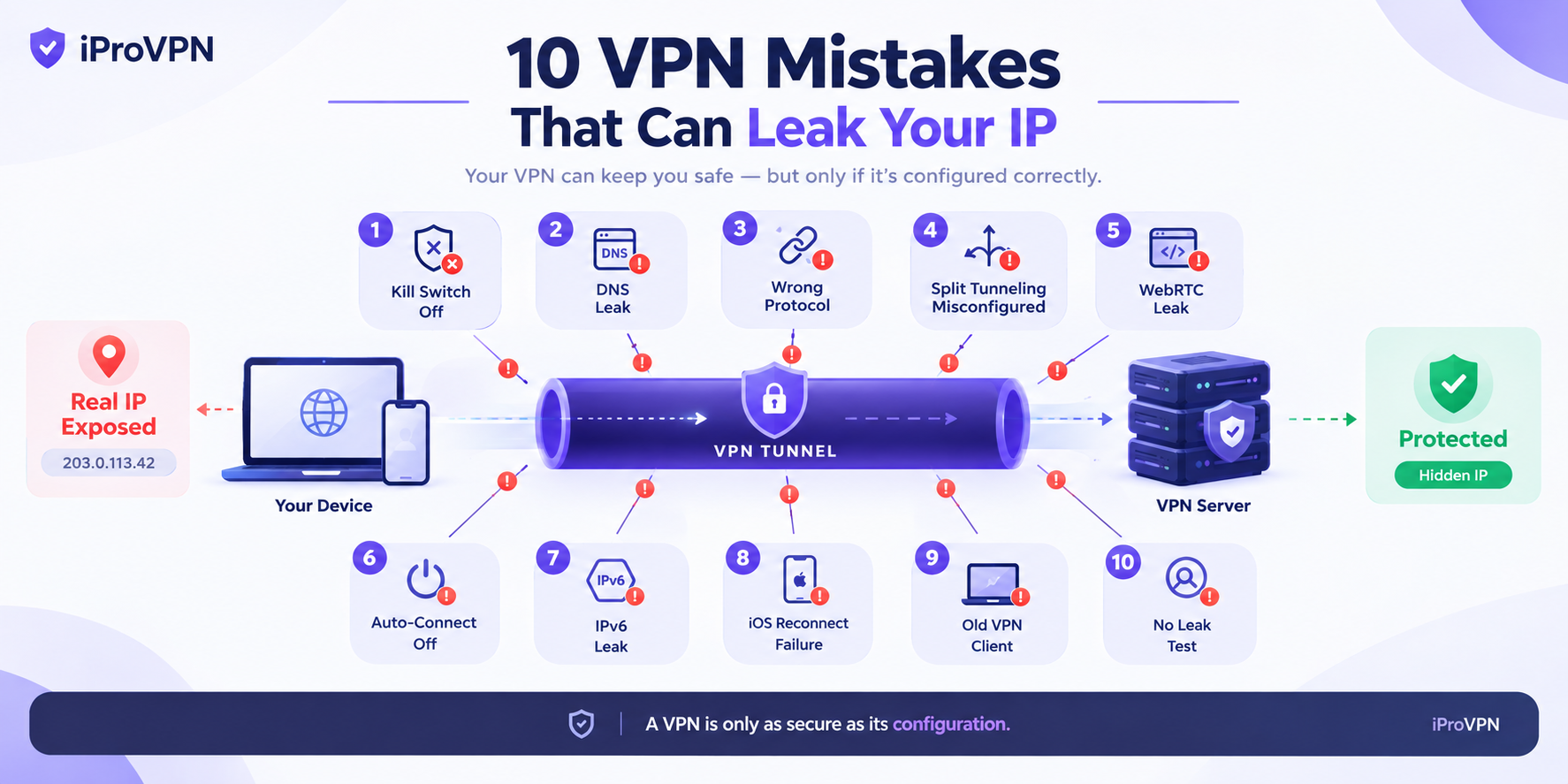 10 VPN mistakes that can leak your IP, including DNS, WebRTC, IPv6, kill switch, and VPN configuration issues
